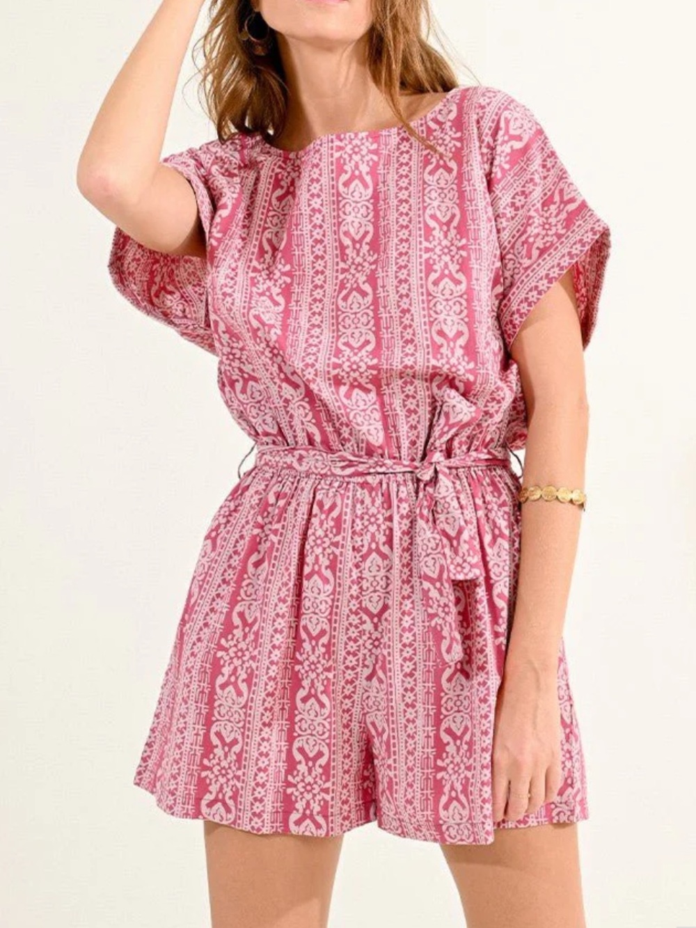 Molly Bracken Batik Light Pink Printed Shorts Sleeve Belted Romper Small